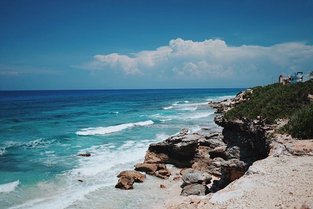 A scenic view of the ocean coastline with rocks, waves, vegetation, and clear blue sky, perfect for travel and tourism themes.