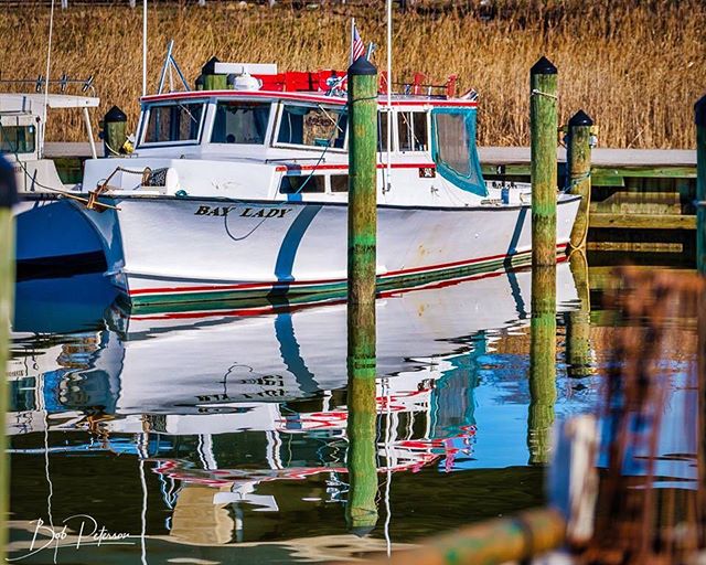 A white boat named "Bay Lady" is docked at a marina with a clear reflection in the water.