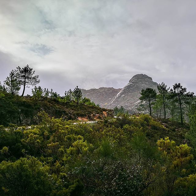 A scenic mountain landscape featuring lush greenery and a dramatic mountain under a cloudy sky.