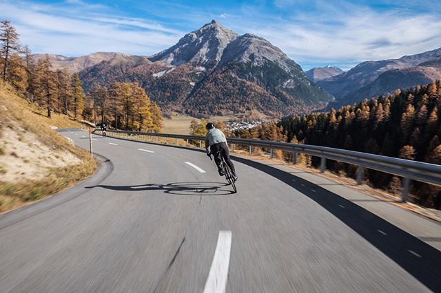 A cyclist rides along a winding mountain road on a sunny day, highlighting fitness and adventure.