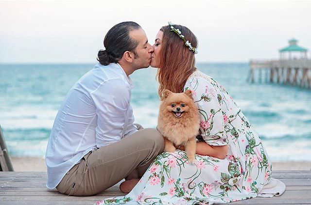 A couple shares a kiss on the beach with their cute dog by their side, bathed in soft, natural light.