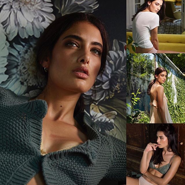 Collage of a beautiful brunette woman modeling in various settings for a fashion editorial.