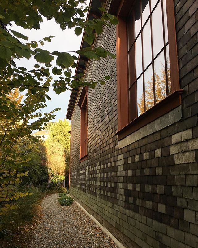 A shingled building is seen next to a leaf-strewn pathway on an autumn day.