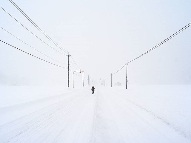 A lone person walks down a snow-covered road in a desolate winter landscape.