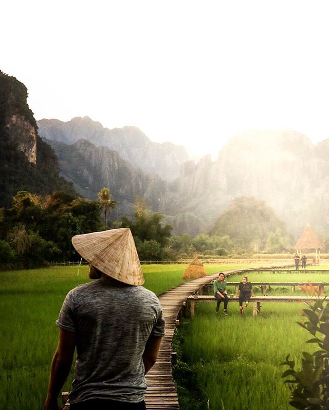 A man with an asian conical hat walks a path through vibrant green rice fields under misty mountains.
