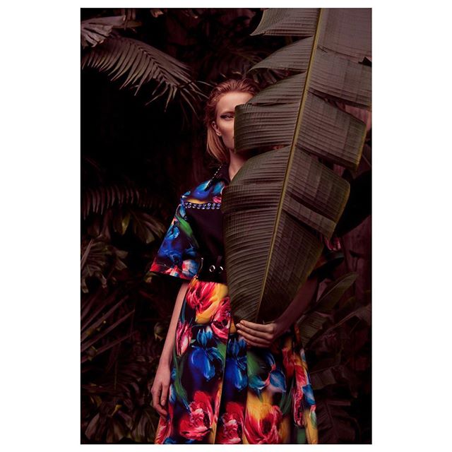 A woman in a floral dress poses with a large leaf in a lush, tropical jungle setting.