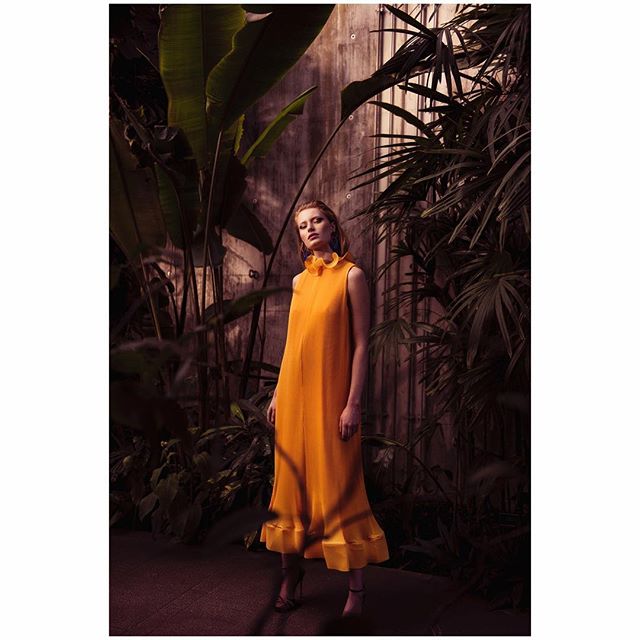 A woman in an elegant orange dress poses in a lush, tropical garden setting for a fashion editorial.
