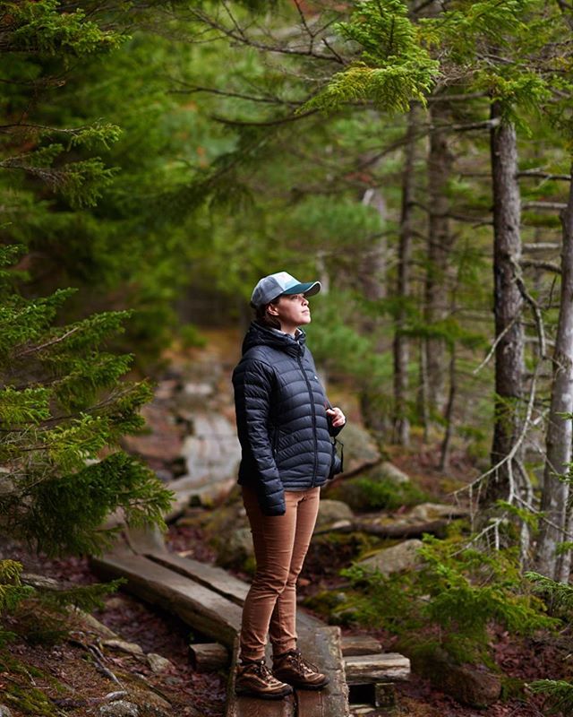 A woman stands on a forest trail enjoying the scenery, amidst lush greenery.