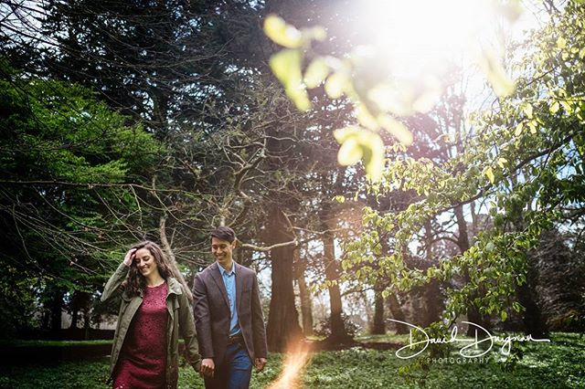 A happy couple walks hand in hand through a sun-drenched park, enjoying a romantic moment together.