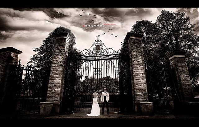 A bride and groom stand at a wrought iron gate in a monochrome, romantic wedding photo.