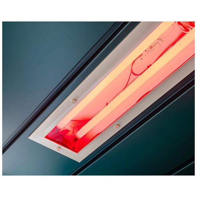A modern ceiling with a fluorescent light fixture illuminates an interior space with warm vibrant tones and a minimalist style.