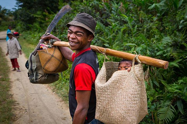 A happy man carries a child in a basket on a pole over his shoulder on a dirt path.