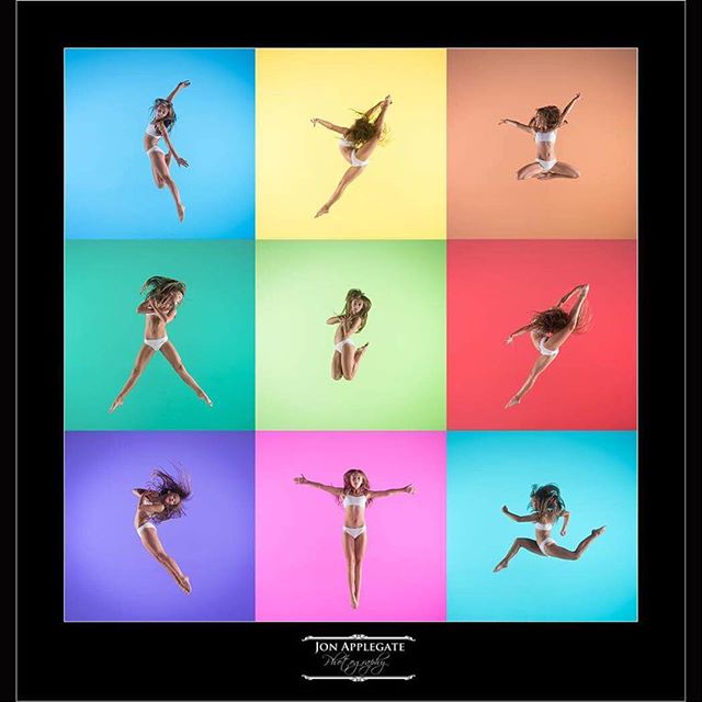 A young dancer performs various poses in a colorful studio, demonstrating energy and skill.