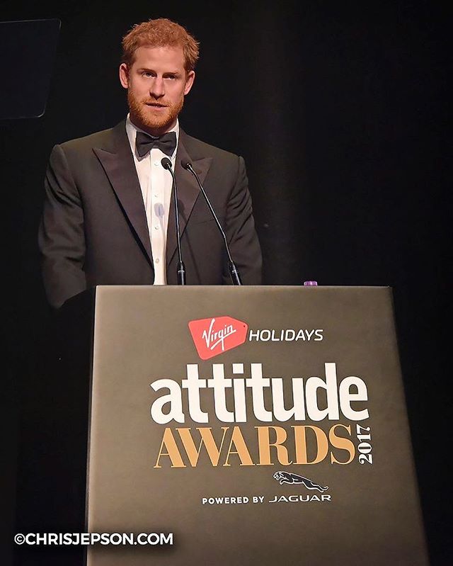 Prince Harry speaking at the Attitude Awards 2017 on a stage.