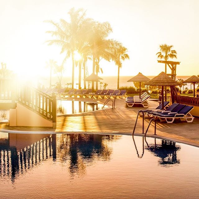 A serene tropical resort scene with palm trees, sun loungers and a sparkling pool under a warm, inviting sky.