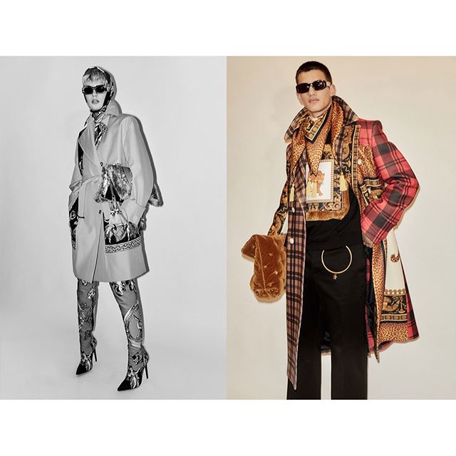 Editorial shot featuring models showcasing luxury coats and accessories from Versace's latest collection.