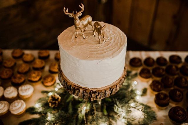 A rustic wedding cake with deer figurines surrounded by cupcakes and pine decorations.
