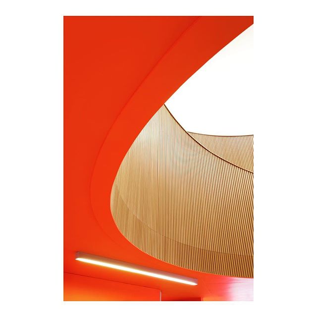 Abstract architectural shot featuring a curved orange wall and wooden slats, highlighting modern interior design.