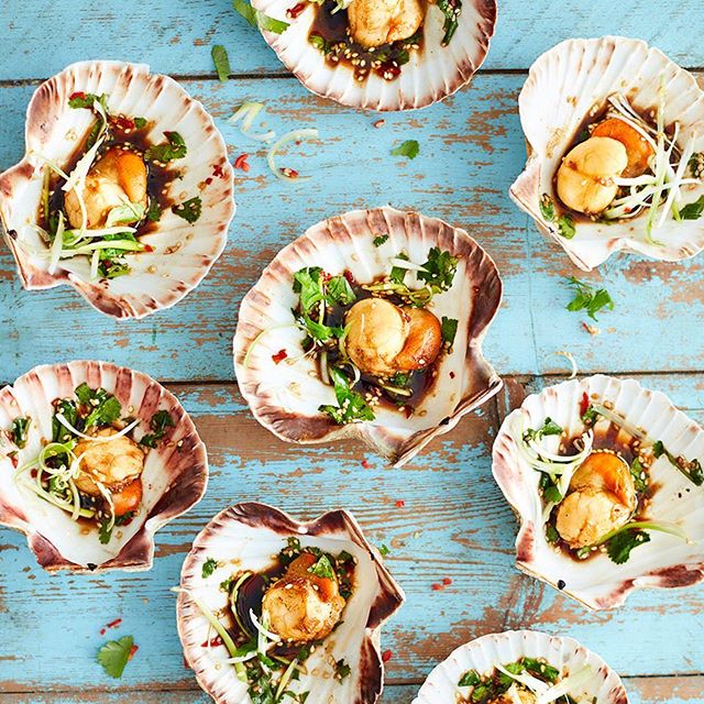 Overhead shot of delicious scallops served in shells on a rustic blue wooden table, ready to eat.