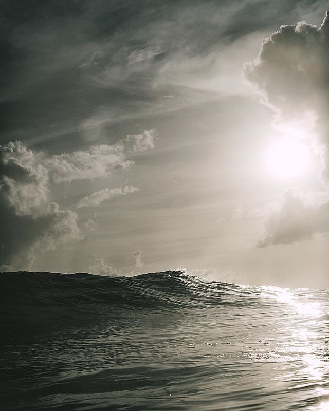 A monochromatic wave gently rolls on the ocean under a cloudy, bright sky, creating a serene and calming scene.