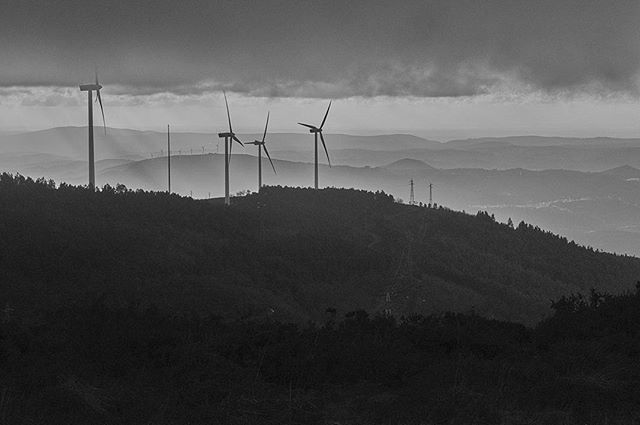 A monochrome landscape featuring wind turbines on a hilltop against a misty mountain backdrop, emphasizing renewable energy.