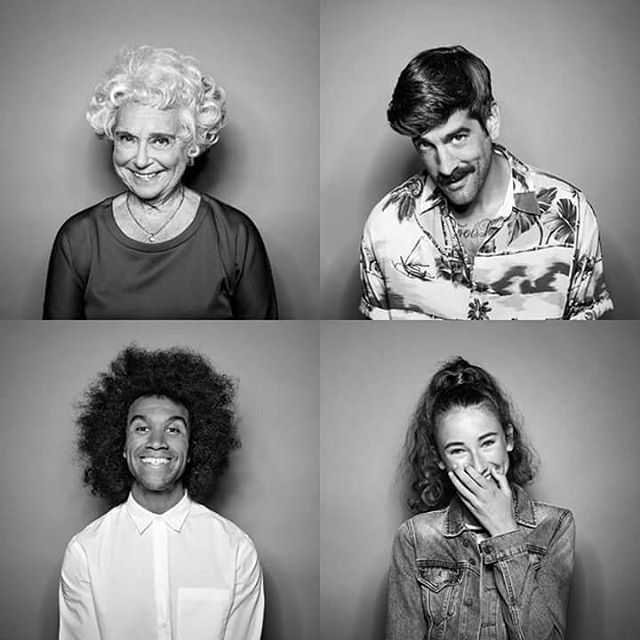 Four people of different ages and backgrounds pose in black and white studio portraits for a diverse, inclusive campaign.