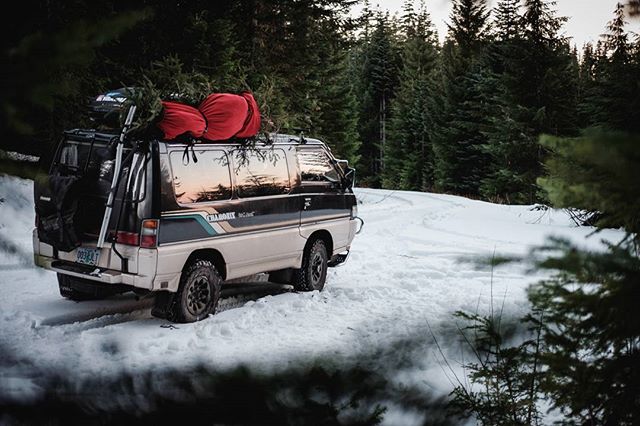 A vintage van carries a Christmas tree through a snowy forest, embodying adventure and the holiday spirit.