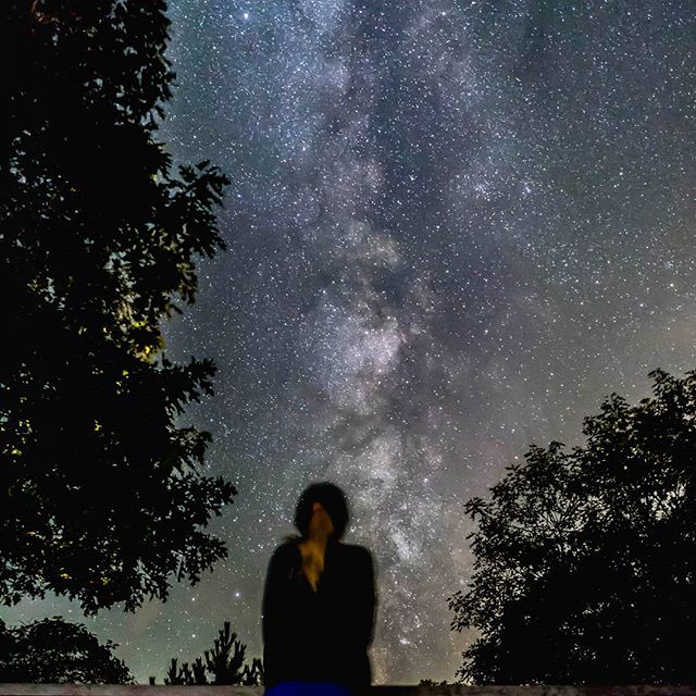 A person silhouetted against a breathtaking, starry night sky with trees framing the view.