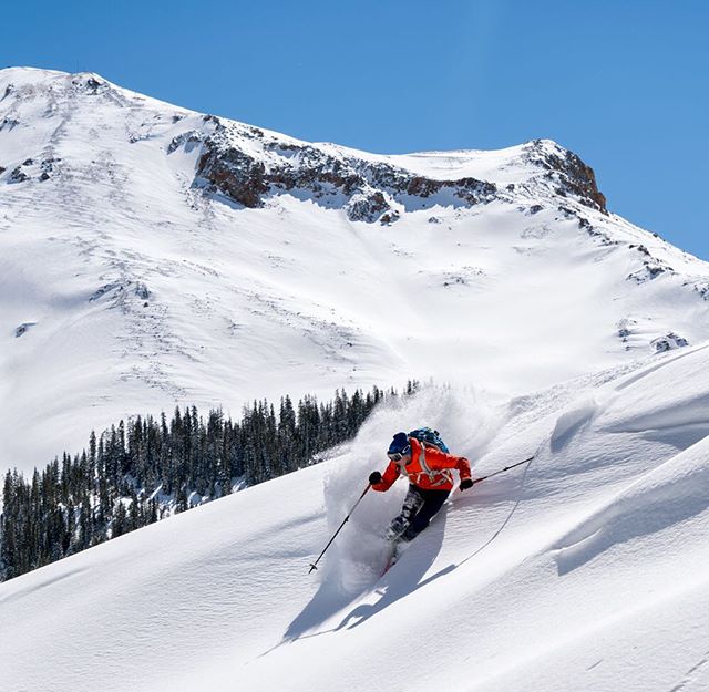 A skier in an orange jacket carves through fresh powder on a sunny day in the mountains.