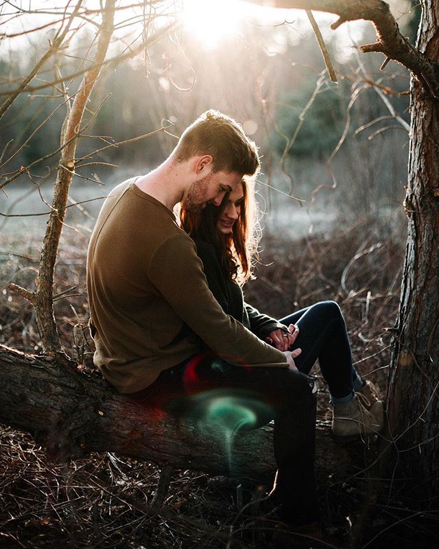 A couple embraces on a fallen tree in the woods, bathed in soft, warm sunlight, creating an intimate and romantic atmosphere.