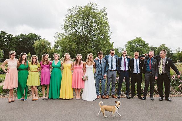 A wedding party including the bride, groom, bridesmaids, groomsmen, and dog pose together outdoors.
