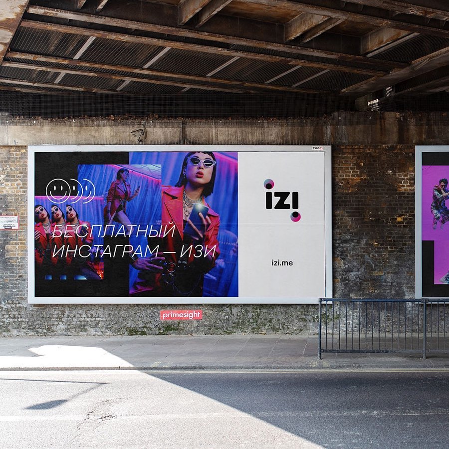 A vibrant ad for Izi showcases a modern aesthetic with a woman in a red jacket.