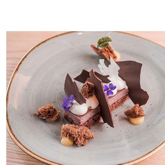 An artistic dessert with chocolate shards and edible flowers, served on a gray plate.