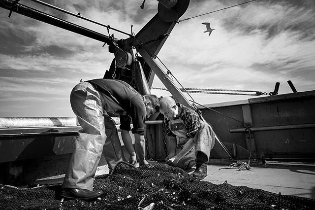 Fishermen work on a fishing net on a boat, captured in black and white.