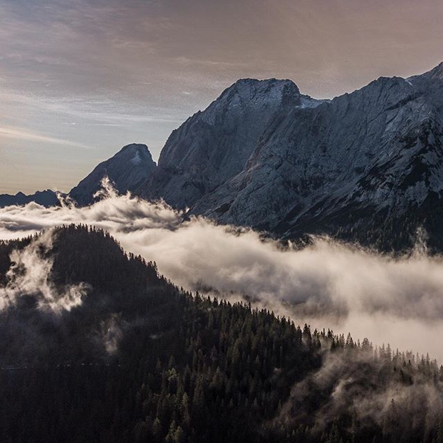 Misty mountain landscape featuring cloud-covered trees and rugged peaks, creating a serene and tranquil scene.