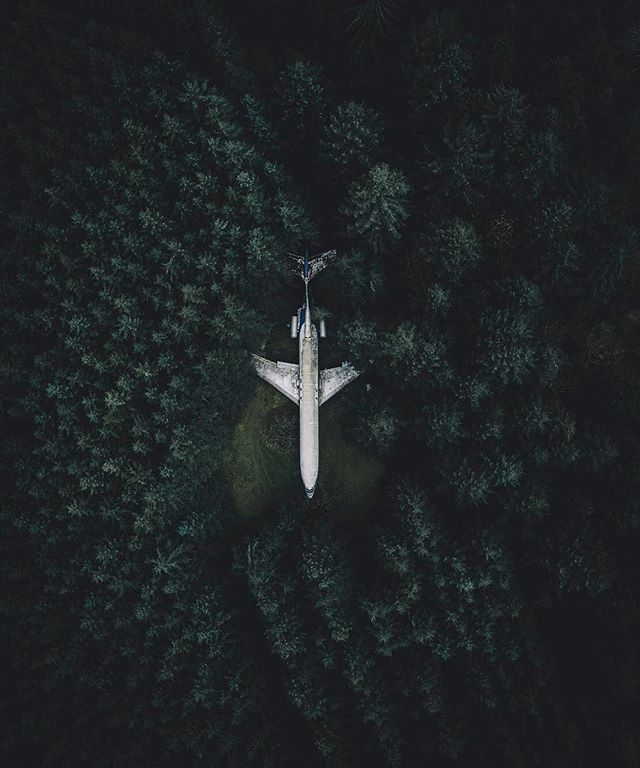Aerial shot of an airplane wreck in the middle of a dark green forest, creating a mysterious and dramatic scene.
