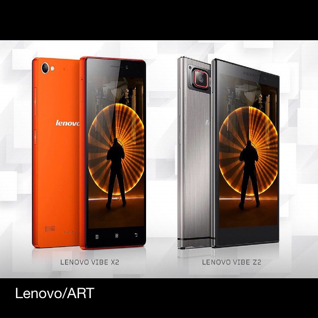 A product shot showcasing two Lenovo smartphones with unique designs and vibrant screens in a studio setting.